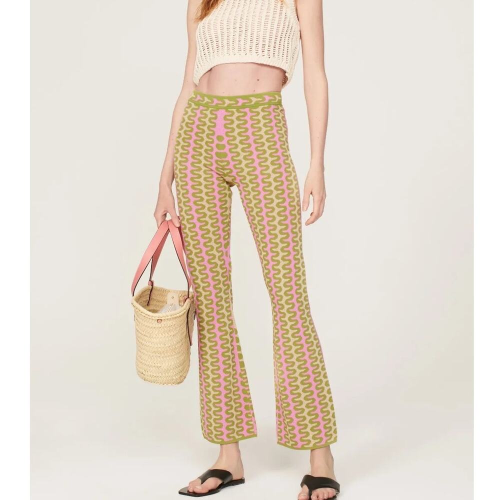 Sandro Size 36 Knit Pants Guerin Flare Pant Green Pink Retro Designer Preppy